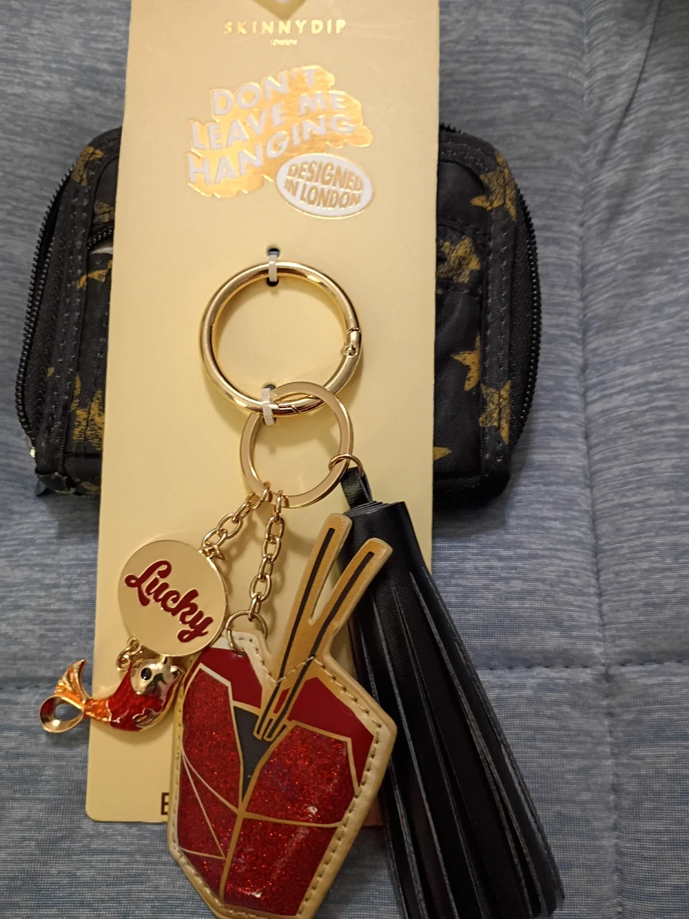 Lucky Red Glitter Takeout Charm Keychain with Black Tassel Koi Fish